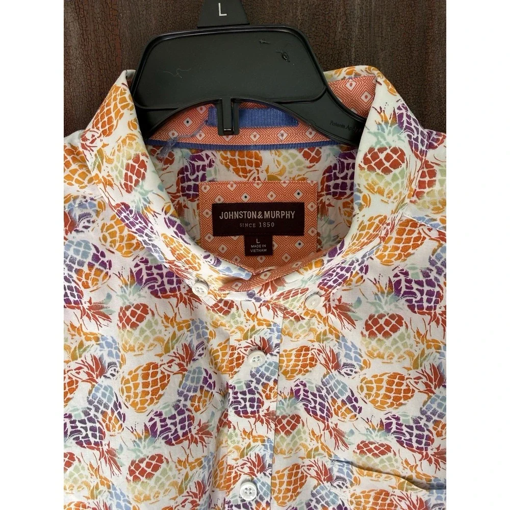 Johnston & Murphy Men L Pineapple Multicolor Button Up Short Slv Tropical Beach - Picture 1 of 9